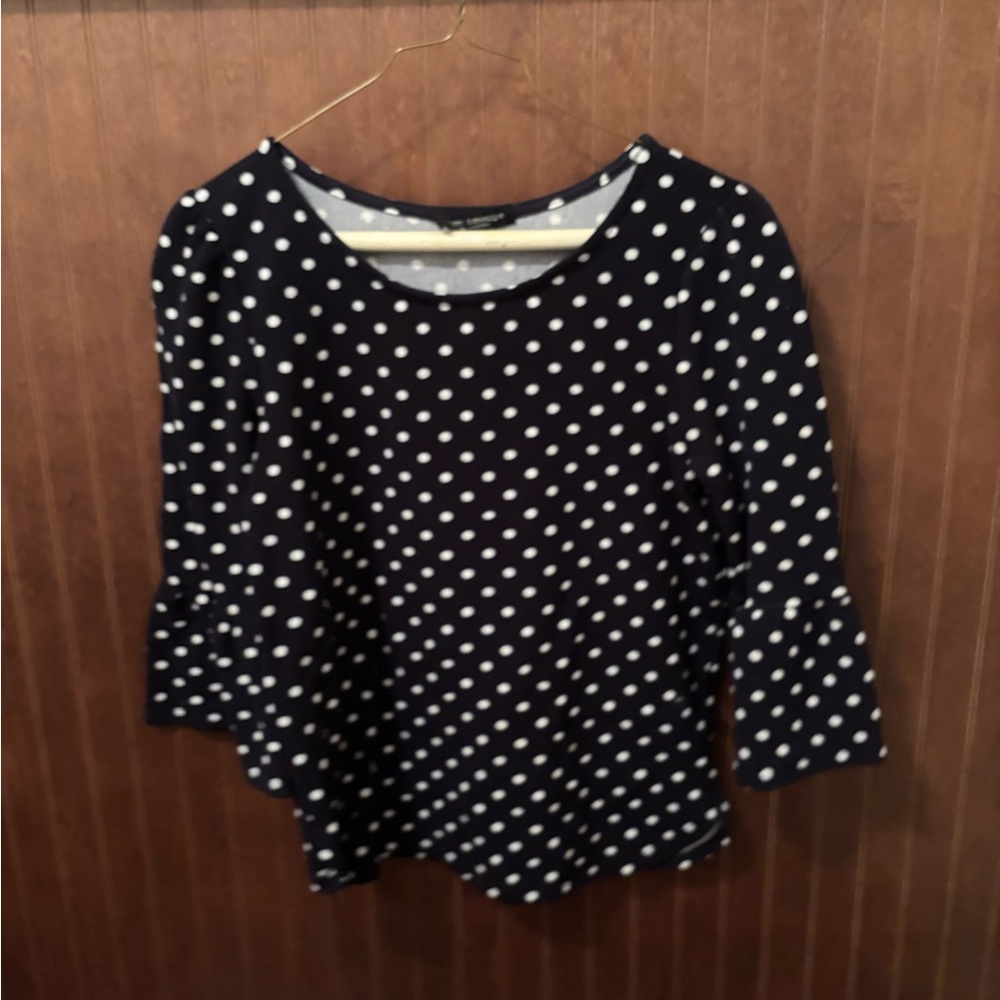 Green Envelope Navy and White Polka Dot Blouse